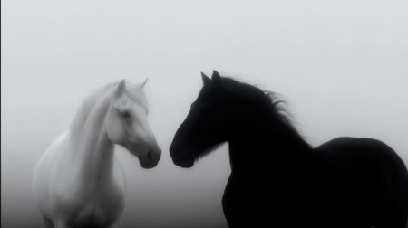 Two horses, one white and one black, facing each other on a misty light background. Black and white horses connecting in a minimalist conceptの写真素材