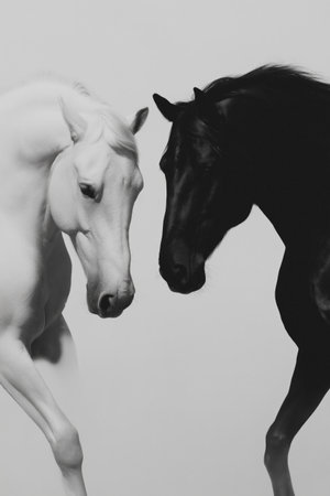 Two horses, one white and one black, facing each other on a misty light background. Black and white horses connecting in a minimalist conceptの写真素材