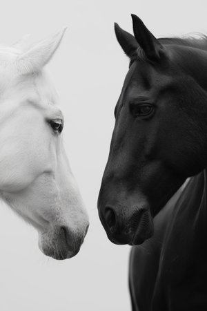 Two horses, one white and one black, facing each other on a misty light background. Black and white horses connecting in a minimalist conceptの写真素材