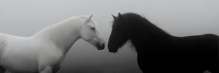 Two horses, one white and one black, facing each other on a misty light background. Black and white horses connecting in a minimalist conceptの写真素材