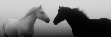 Two horses, one white and one black, facing each other on a misty light background. Black and white horses connecting in a minimalist conceptの写真素材