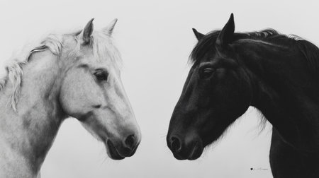 Two horses, one white and one black, facing each other on a misty light background. Black and white horses connecting in a minimalist conceptの写真素材