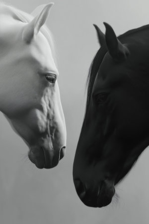 Two horses, one white and one black, facing each other on a misty light background. Black and white horses connecting in a minimalist conceptの写真素材