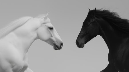 Two horses, one white and one black, facing each other on a misty light background. Black and white horses connecting in a minimalist conceptの写真素材