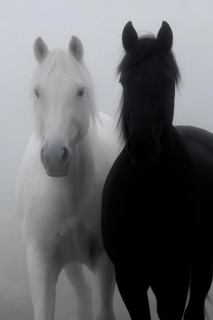 Two horses, one white and one black, facing each other on a misty light background. Black and white horses connecting in a minimalist conceptの写真素材