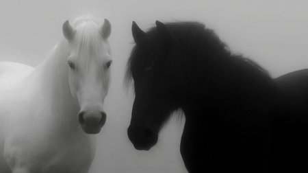 Two horses, one white and one black, facing each other on a misty light background. Black and white horses connecting in a minimalist conceptの写真素材