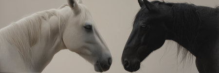 Two horses, one white and one black, facing each other on a misty light background. Black and white horses connecting in a minimalist conceptの写真素材