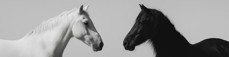 Two horses, one white and one black, facing each other on a misty light background. Black and white horses connecting in a minimalist conceptの写真素材