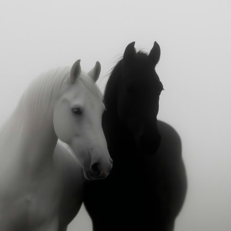Two horses, one white and one black, facing each other on a misty light background. Black and white horses connecting in a minimalist conceptの写真素材