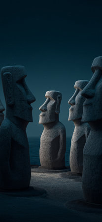 Ancient Moai statues standing by the ocean under a night sky with bright moonlight. Moai statues on Easter Island watching rising moonlightの写真素材