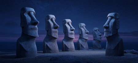 Ancient Moai statues standing by the ocean under a night sky with bright moonlight. Moai statues on Easter Island watching rising moonlightの写真素材