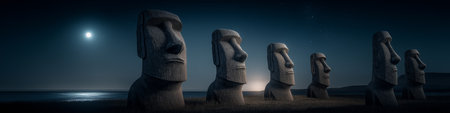 Ancient Moai statues standing by the ocean under a night sky with bright moonlight. Moai statues on Easter Island watching rising moonlightの写真素材