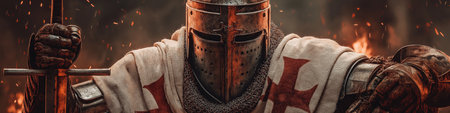 Crusader knight in weathered armor holding a sword against a fiery battlefield. Crusader Knight standing in battle holding swordの写真素材