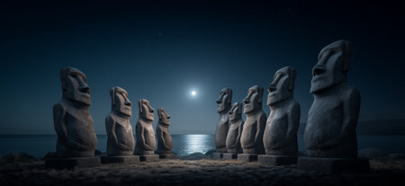 Ancient Moai statues standing by the ocean under a night sky with bright moonlight. Moai statues on...