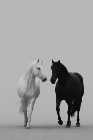 Two horses, one white and one black, facing each other on a misty light background. Black and white horses connecting in a minimalist conceptの写真素材