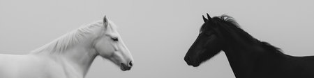 Two horses, one white and one black, facing each other on a misty light background. Black and white horses connecting in a minimalist conceptの写真素材