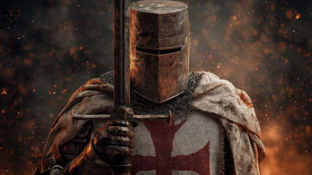 Crusader knight in weathered armor holding a sword against a fiery battlefield. Crusader Knight standing in battle holding swordの写真素材
