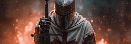 Crusader knight in weathered armor holding a sword against a fiery battlefield. Crusader Knight standing in battle holding swordの写真素材