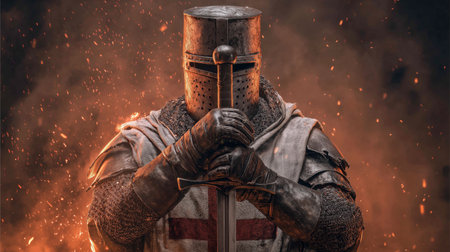 Crusader knight in weathered armor holding a sword against a fiery battlefield. Crusader Knight...