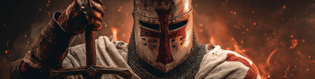 Crusader knight in weathered armor holding a sword against a fiery battlefield. Crusader Knight standing in battle holding swordの写真素材