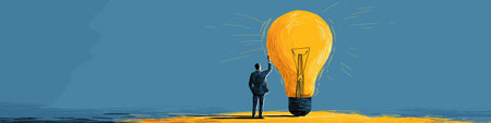 Businessman reaching for a glowing light bulb, symbolizing new ideas and innovation. Businessman...