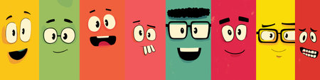 Cheerful cartoon faces on a colorful background expressing various emotions and concepts. Cartoon...