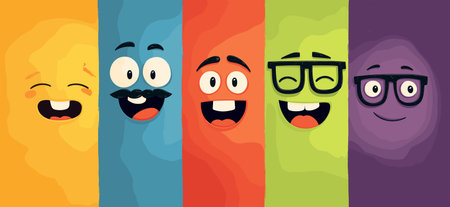 Cheerful cartoon faces on a colorful background expressing various emotions and concepts. Cartoon faces showing emotions and different personalitiesのイラスト素材