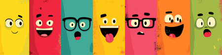 Cheerful cartoon faces on a colorful background expressing various emotions and concepts. Cartoon...