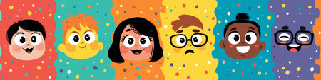 Cheerful cartoon faces on a colorful background expressing various emotions and concepts. Cartoon...