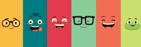 Cheerful cartoon faces on a colorful background expressing various emotions and concepts. Cartoon faces showing emotions and different personalitiesのイラスト素材
