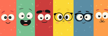 Cheerful cartoon faces on a colorful background expressing various emotions and concepts. Cartoon faces showing emotions and different personalitiesのイラスト素材