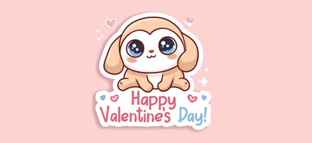 Cute cartoon animal holding a pink sign for Valentine's Day celebration. Cute big-eyed animal delivering Happy Valentine's Day messageのイラスト素材