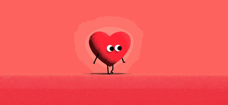 Happy cartoon heart character standing on pink background with small heart above its head. Cute cartoon heart character celebrating Valentine's Dayのイラスト素材