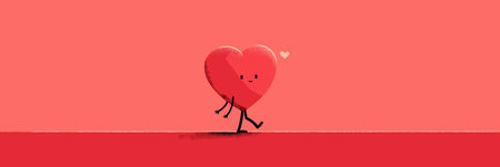 Happy cartoon heart character standing on pink background with small heart above its head. Cute cartoon heart character celebrating Valentine's Dayのイラスト素材