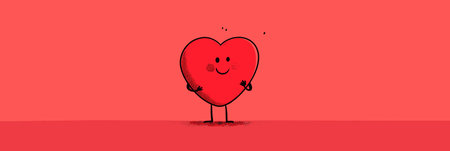 Happy cartoon heart character standing on pink background with small heart above its head. Cute cartoon heart character celebrating Valentine's Dayのイラスト素材