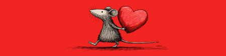 Cartoon gray rat running with a large red heart on a solid red background. Cute gray rat carrying red heart runningのイラスト素材
