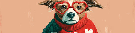 Doodle dog wearing a red heart sweater with heart-shaped glasses. Dog wearing red heart sweater and glasses for Valentineのイラスト素材