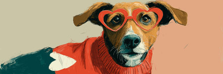 Doodle dog wearing a red heart sweater with heart-shaped glasses. Dog wearing red heart sweater and glasses for Valentineのイラスト素材
