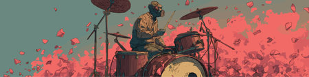 Drummer performing on a city rooftop at sunset, playing a song about love. Drummer playing love song...