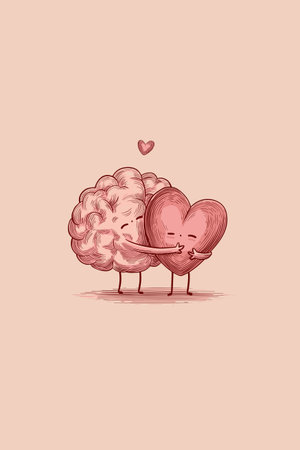 Brain and heart characters are hugging, symbolizing mental and emotional balance with care. Gentle cartoon brain and heart hugging, showing mental healthのイラスト素材