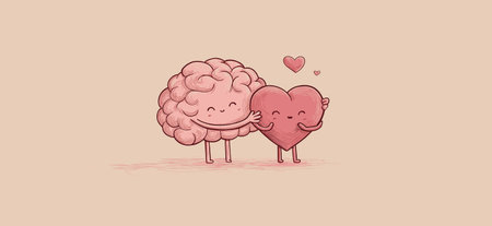 Brain and heart characters are hugging, symbolizing mental and emotional balance with care. Gentle cartoon brain and heart hugging, showing mental healthのイラスト素材