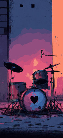 Drummer performing on a city rooftop at sunset, playing a song about love. Drummer playing love song...