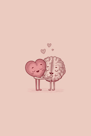 Brain and heart characters are hugging, symbolizing mental and emotional balance with care. Gentle cartoon brain and heart hugging, showing mental healthのイラスト素材