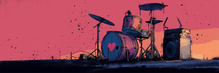 Drummer performing on a city rooftop at sunset, playing a song about love. Drummer playing love song...