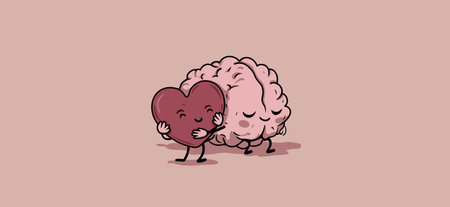 Brain and heart characters are hugging, symbolizing mental and emotional balance with care. Gentle cartoon brain and heart hugging, showing mental healthのイラスト素材