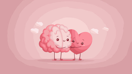 Brain and heart characters are hugging, symbolizing mental and emotional balance with care. Gentle cartoon brain and heart hugging, showing mental healthのイラスト素材