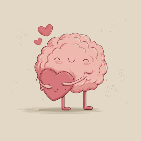 Brain and heart characters are hugging, symbolizing mental and emotional balance with care. Gentle cartoon brain and heart hugging, showing mental healthのイラスト素材