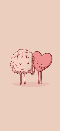 Brain and heart characters are hugging, symbolizing mental and emotional balance with care. Gentle cartoon brain and heart hugging, showing mental healthのイラスト素材