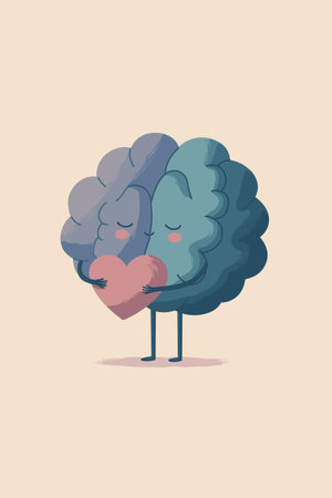 Brain and heart characters are hugging, symbolizing mental and emotional balance with care. Gentle...