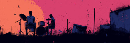 Drummer performing on a city rooftop at sunset, playing a song about love. Drummer playing love song...